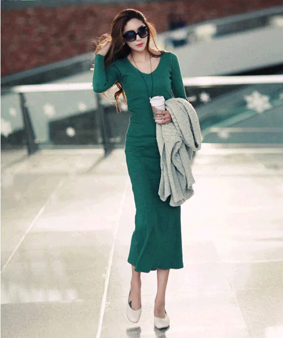 Korean Slim Look Knitted Dress Women V-Neck Hip Flattering Elegant Sleeve Length Dress