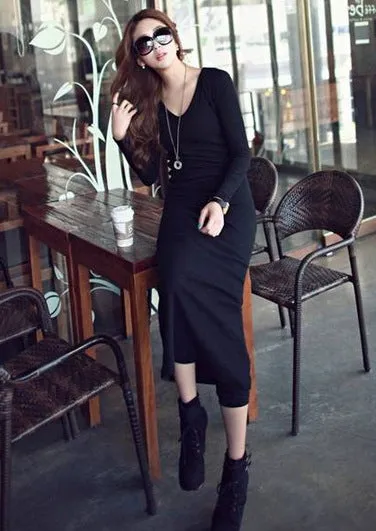 Korean Slim Look Knitted Dress Women V-Neck Hip Flattering Elegant Sleeve Length Dress