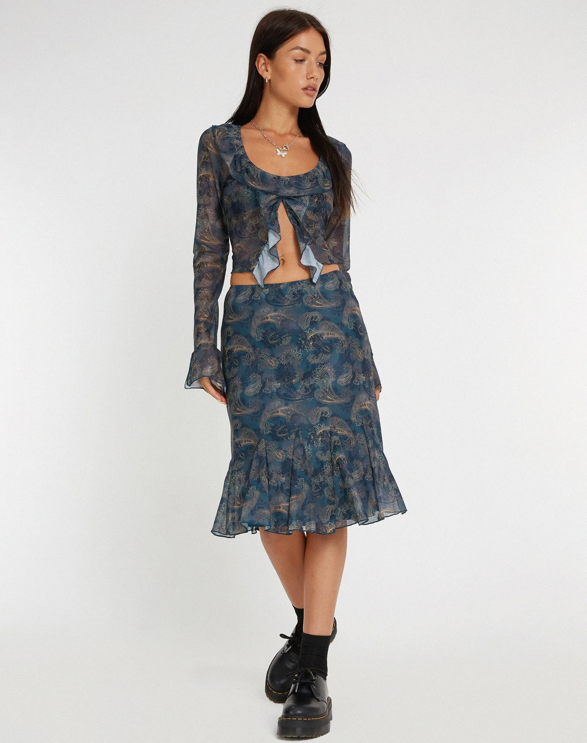 Latrix Mesh Midi Skirt in Tonal Blue Paisley