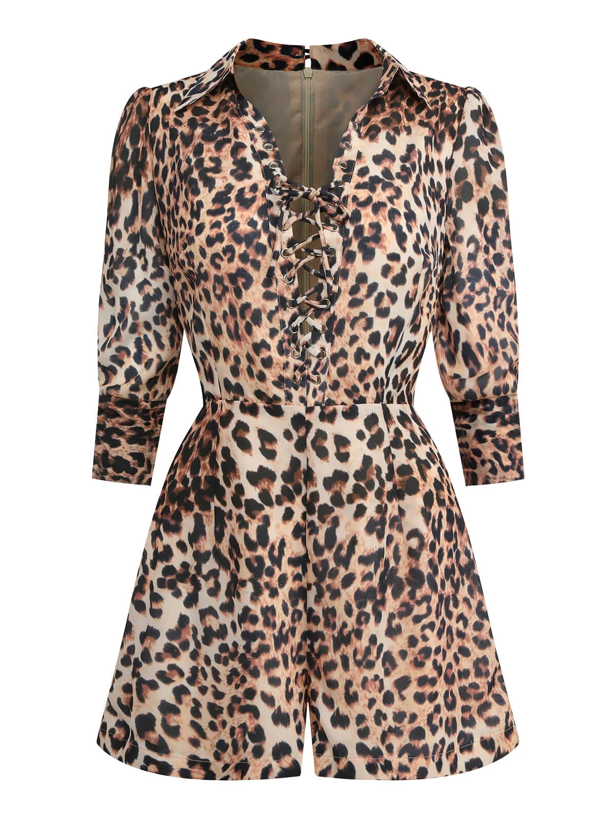 Leopard 1950s Lapel Lace-Up Vintage Romper