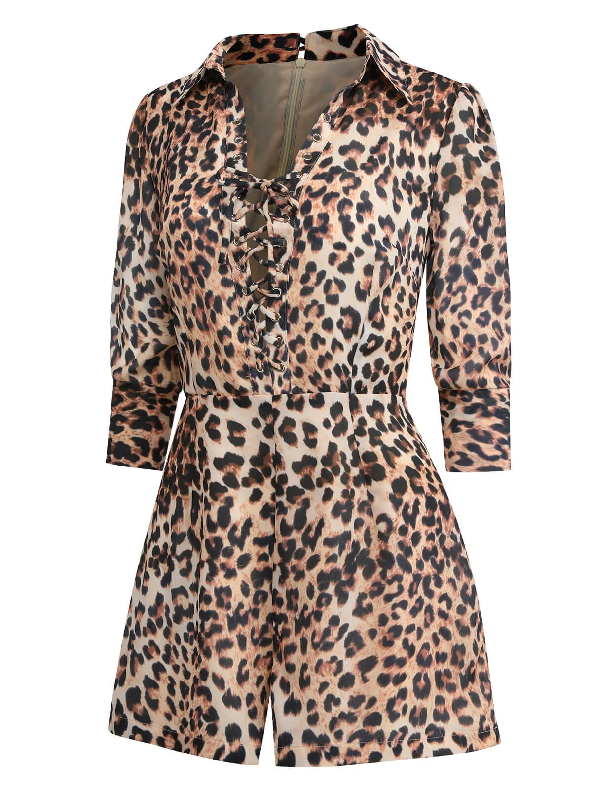 Leopard 1950s Lapel Lace-Up Vintage Romper