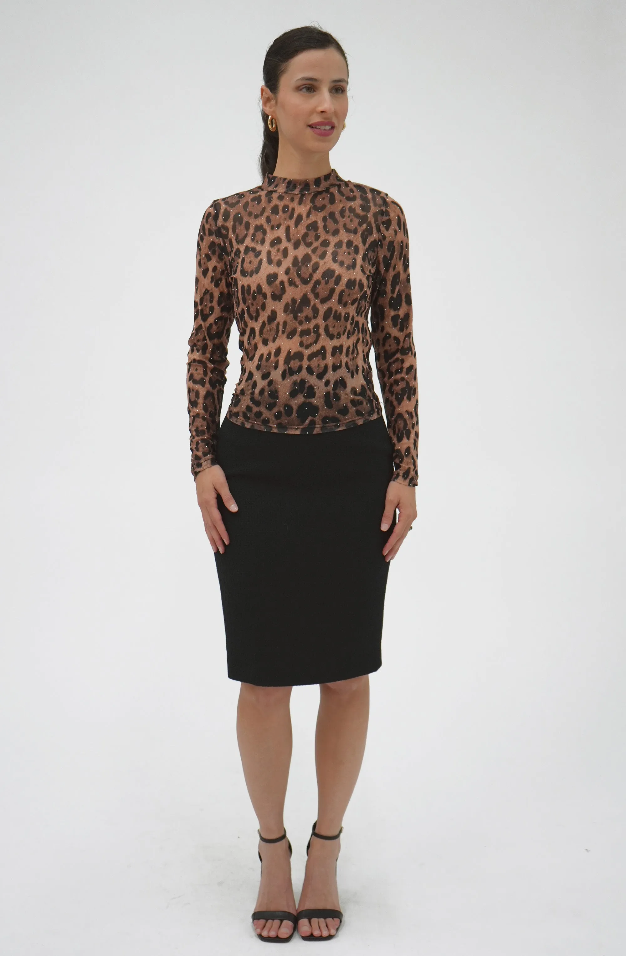 Leopard Print Turtleneck with Rhinestones