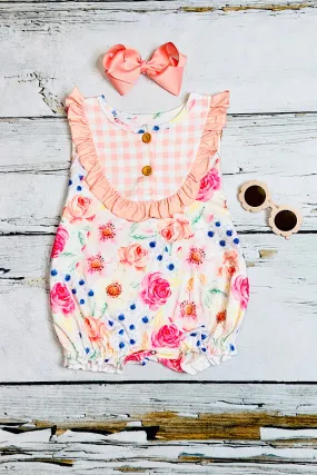 Light peach floral w/checker print baby romper DLH