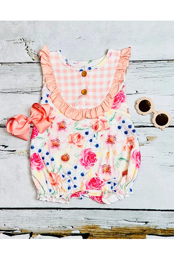 Light peach floral w/checker print baby romper DLH