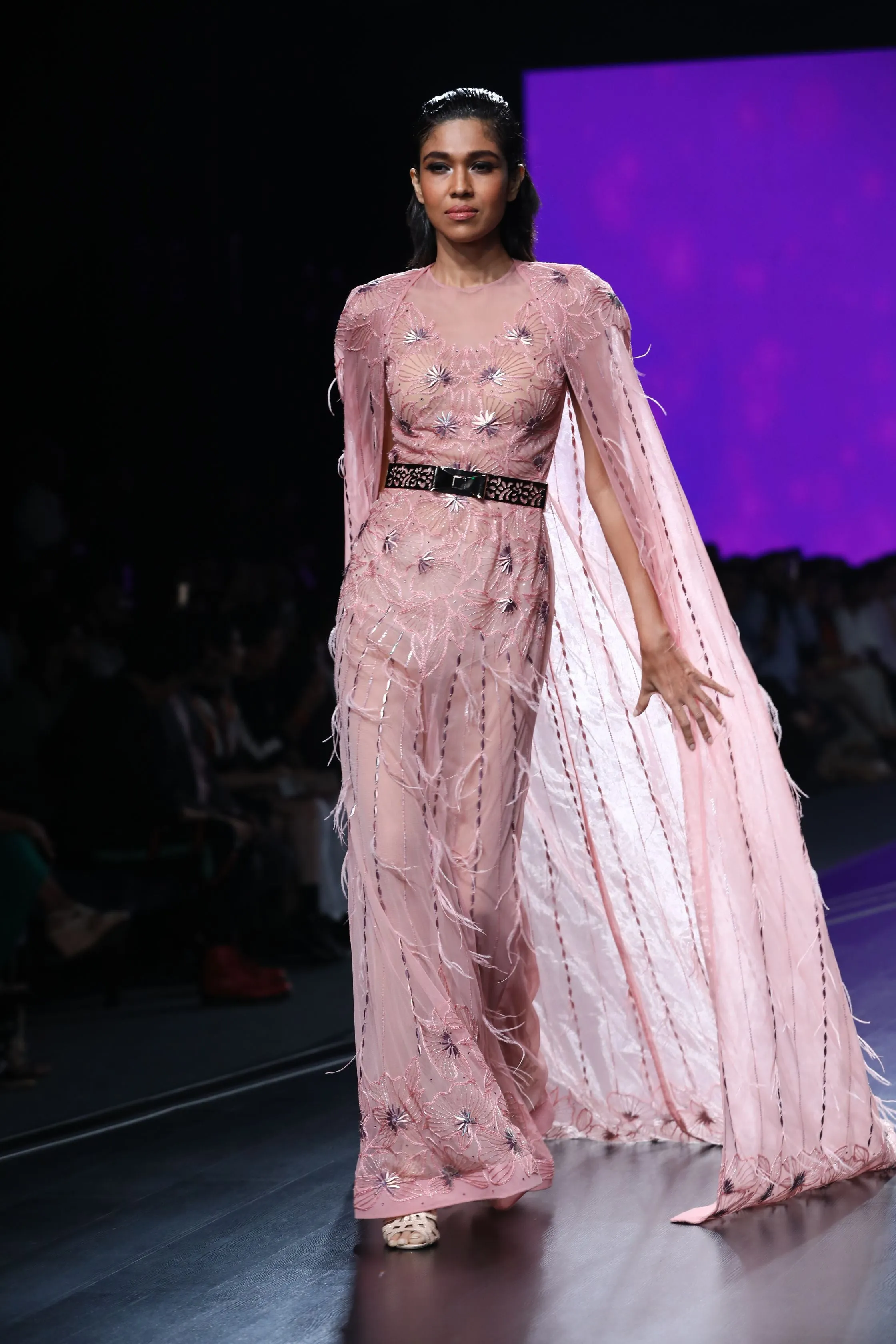 Light Pink Cape Gown With Foiled Flowers