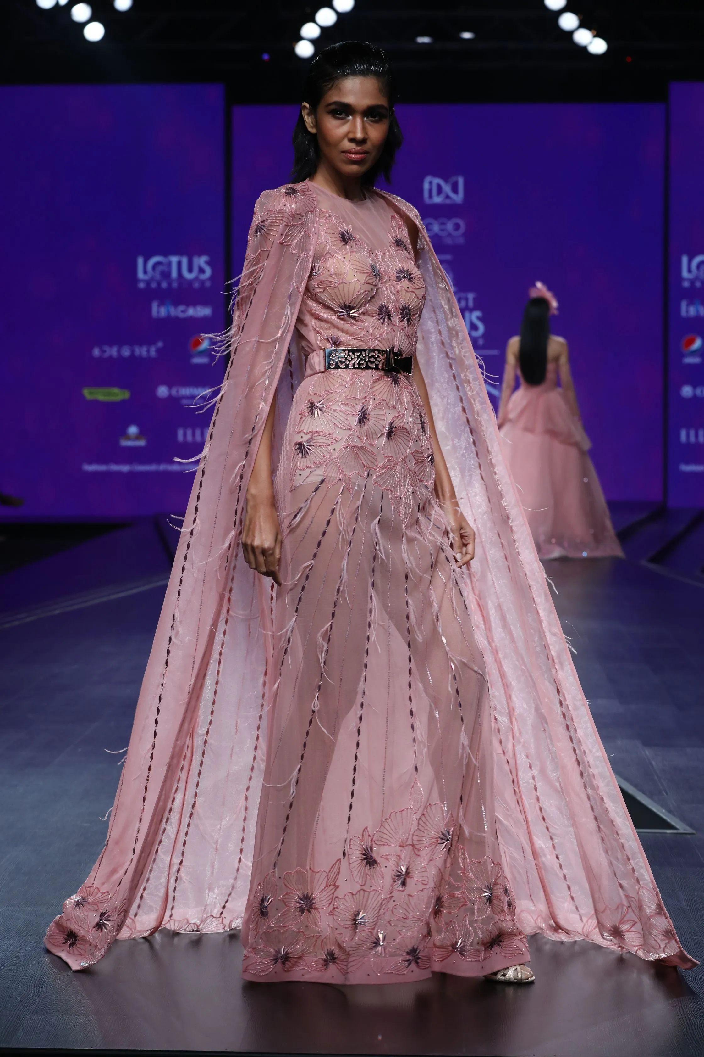 Light Pink Cape Gown With Foiled Flowers