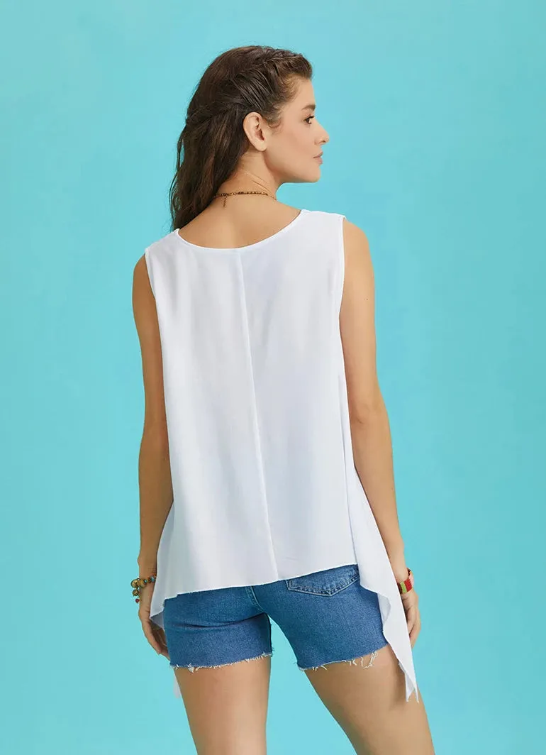 Long Boat Neck White Blouse with Slit Detail on the Sides