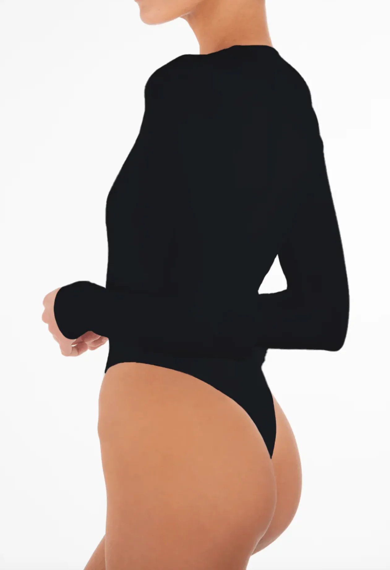 Long Sleeve Deep V Bodysuit - Black