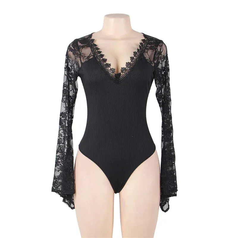 Long Sleeve Lace V Neck Black Bodysuit