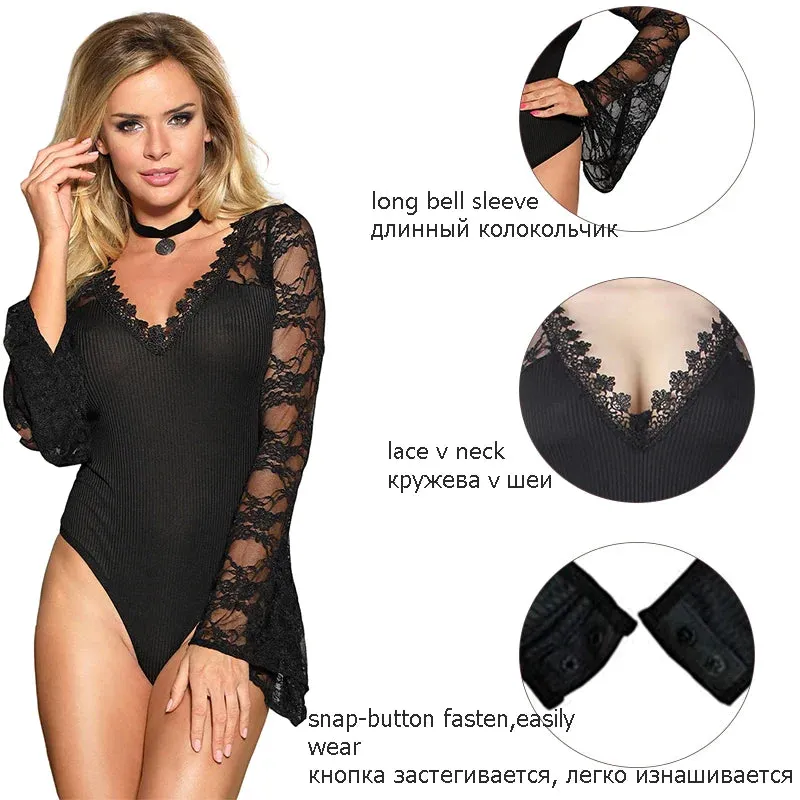 Long Sleeve Lace V Neck Black Bodysuit