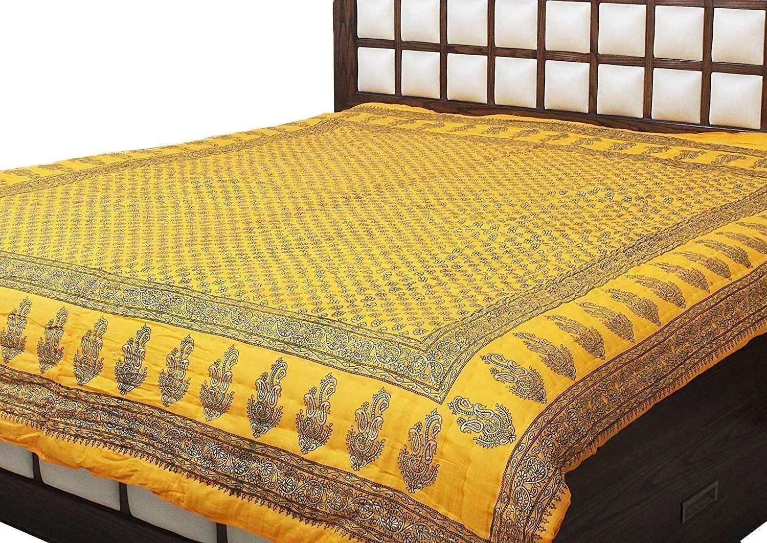 LushHavenDecor Rajasthani Light Weight Double Bed Soft Jaipuri AC Quilt/Razai Designer Yellow with Superior Classy Jaipuri Gold Print Cotton Quilts Blankets for Home (Size 85X105 inch Set of 1) razai