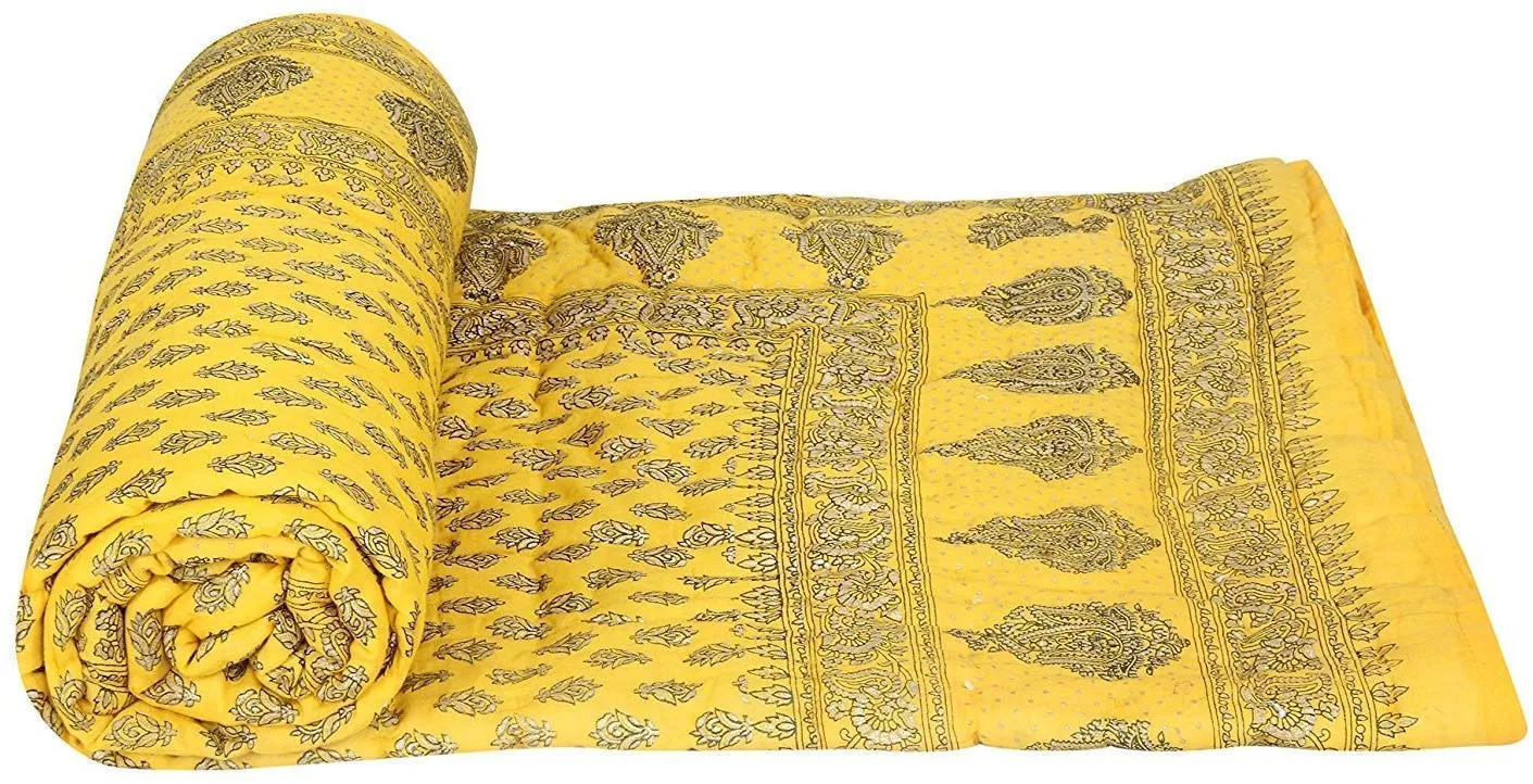 LushHavenDecor Rajasthani Light Weight Double Bed Soft Jaipuri AC Quilt/Razai Designer Yellow with Superior Classy Jaipuri Gold Print Cotton Quilts Blankets for Home (Size 85X105 inch Set of 1) razai