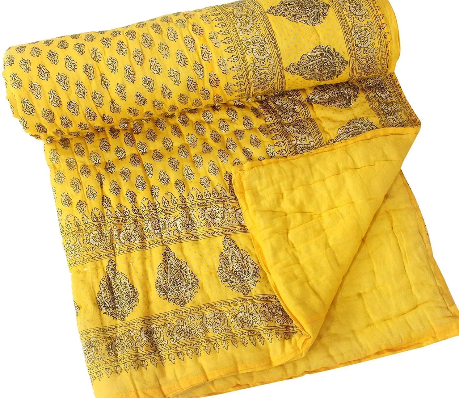 LushHavenDecor Rajasthani Light Weight Double Bed Soft Jaipuri AC Quilt/Razai Designer Yellow with Superior Classy Jaipuri Gold Print Cotton Quilts Blankets for Home (Size 85X105 inch Set of 1) razai