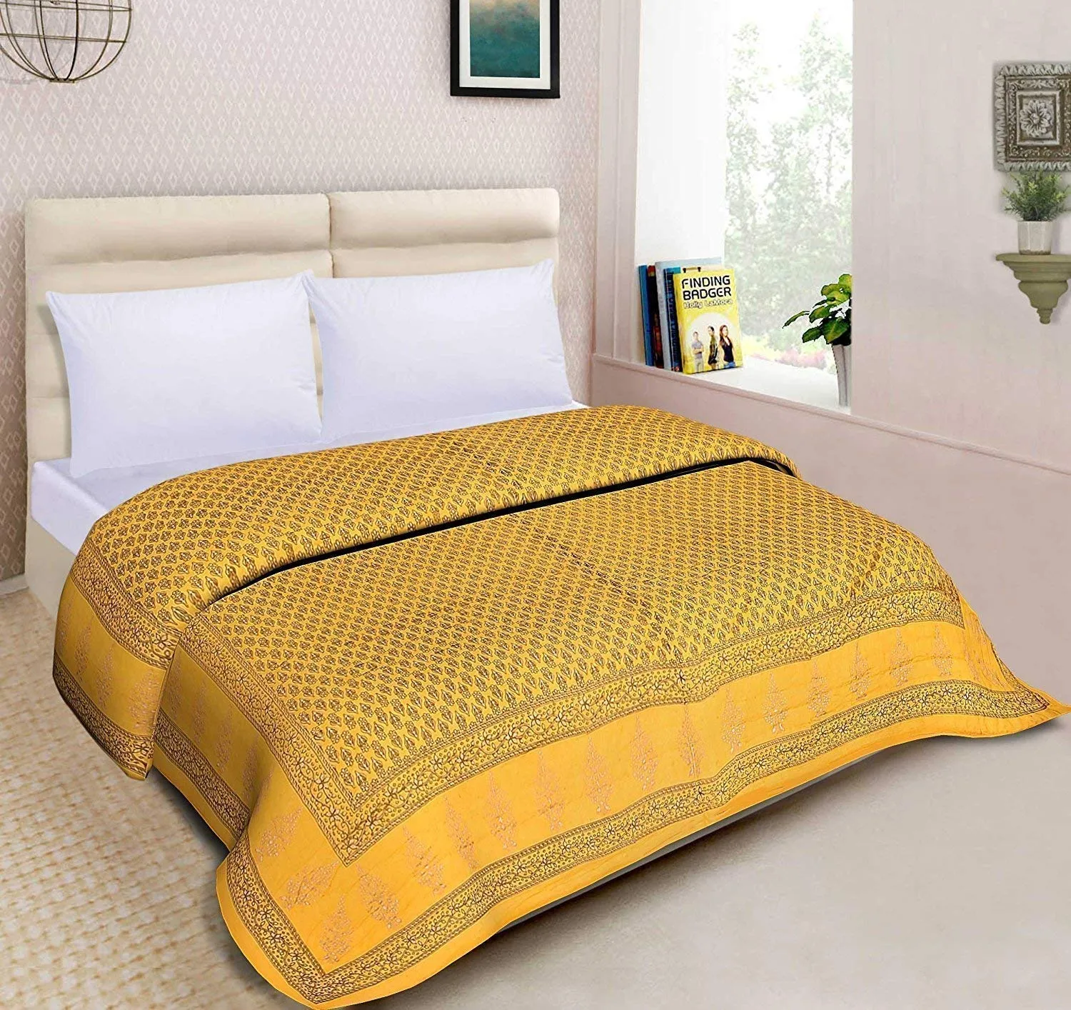 LushHavenDecor Rajasthani Light Weight Double Bed Soft Jaipuri AC Quilt/Razai Designer Yellow with Superior Classy Jaipuri Gold Print Cotton Quilts Blankets for Home (Size 85X105 inch Set of 1) razai