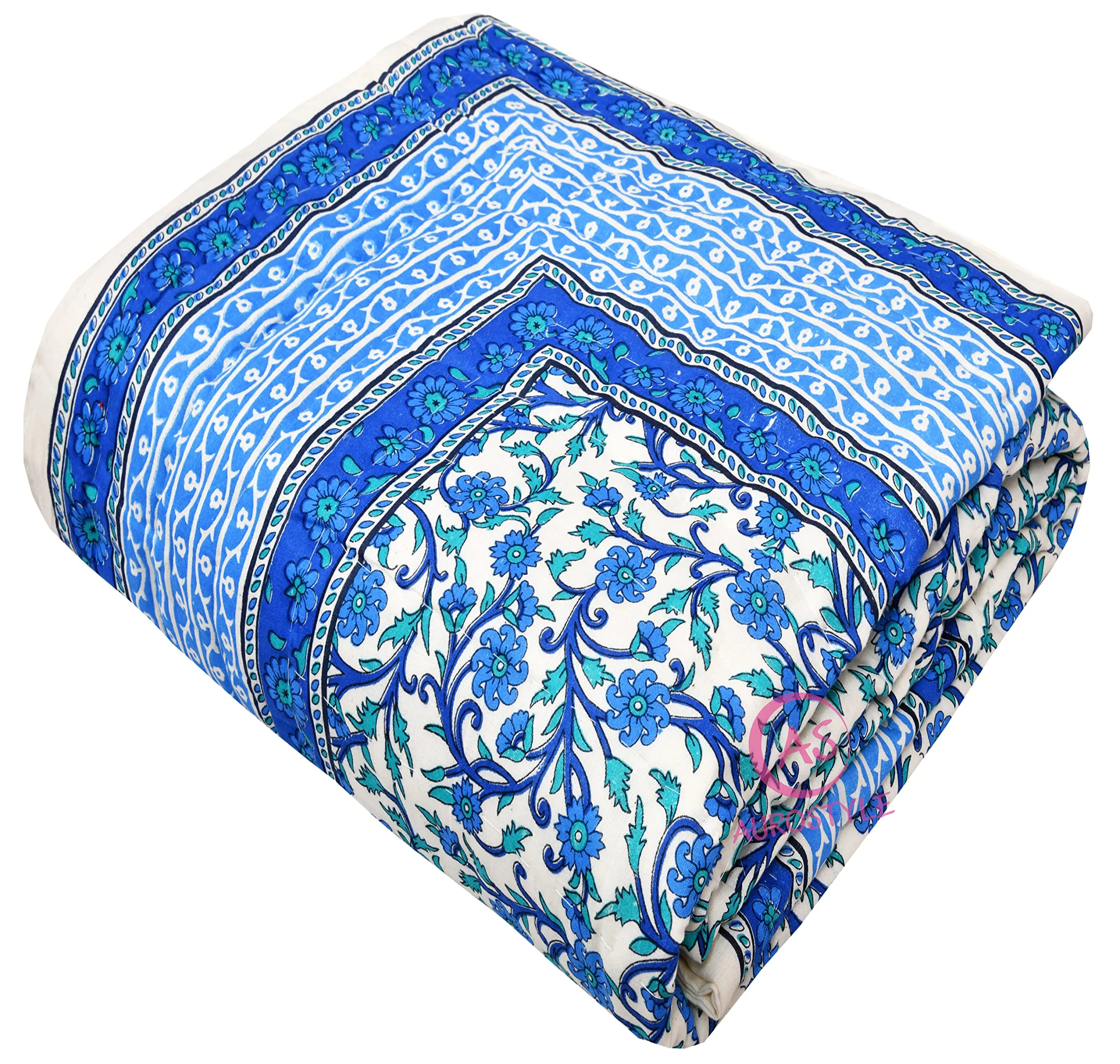 LushHavenDecor Rajasthani Light Weight Reversible Both Side use Single Bed Soft Jaipuri AC Razai Designer Blue jaal Flower Design Cotton Quilts Blankets for Home (Size55X85 inch),Set of 2 razai