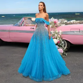 Luxury Blue Off Shoulder Evening Dress SS191