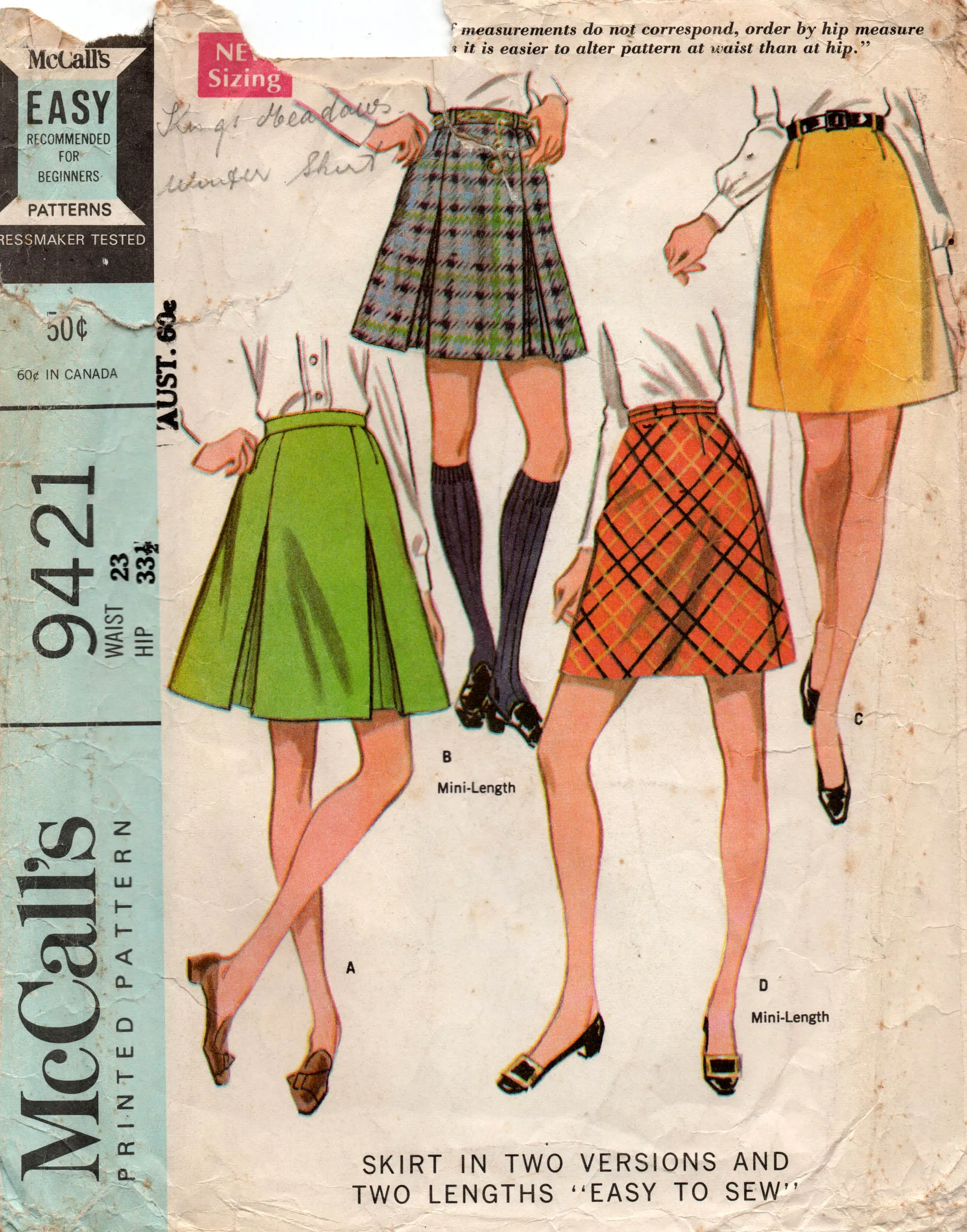 McCall's 9421 Womens or Teens RETRO Flared A Line Pleated Skirts 1960s Vintage Sewing Pattern Waist 23 inches