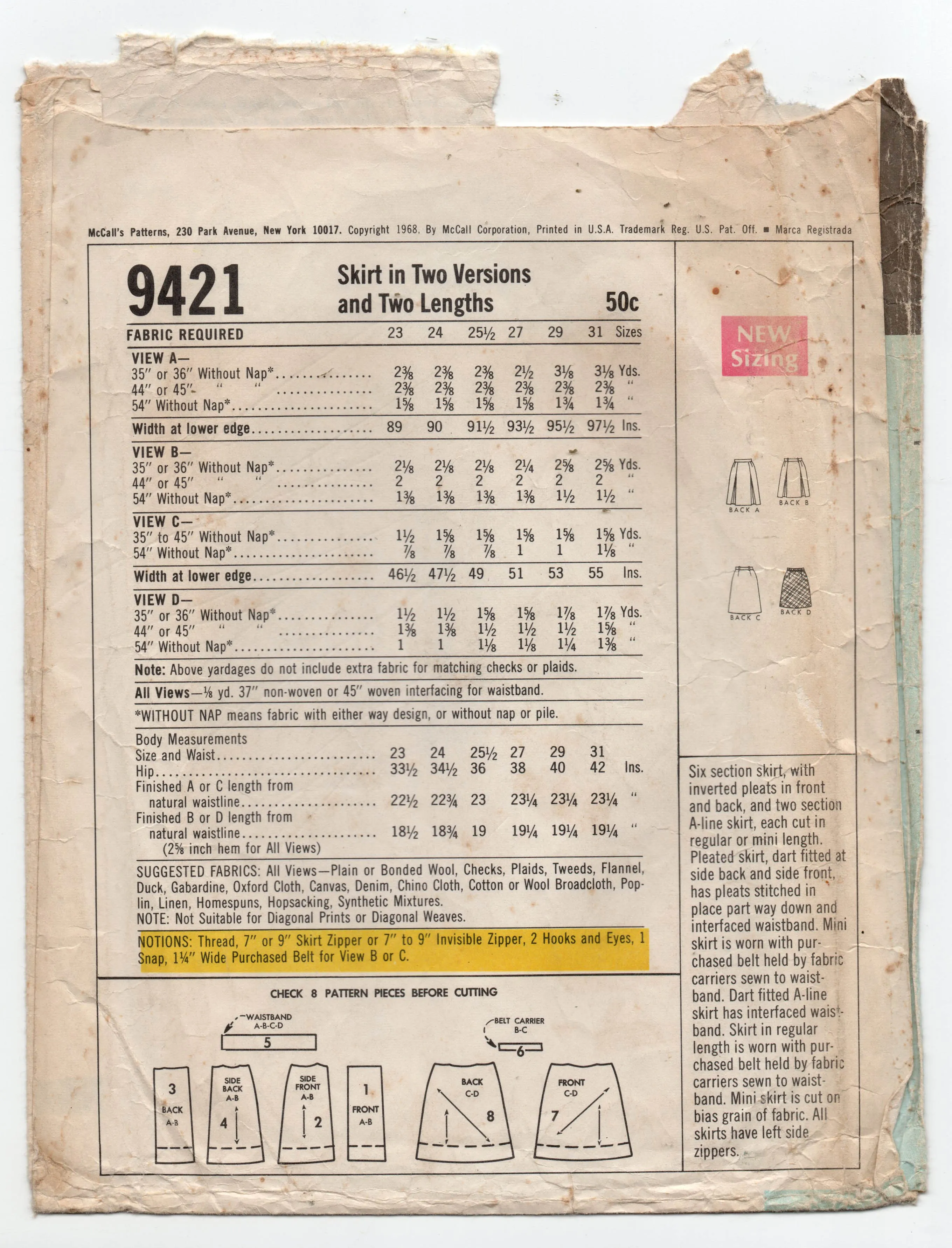 McCall's 9421 Womens or Teens RETRO Flared A Line Pleated Skirts 1960s Vintage Sewing Pattern Waist 23 inches