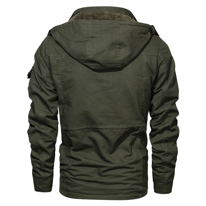 Men Winter Warm Thick Fleece Bomber Jacket Military Cotton Cargo Hooded Windbreaker Coat