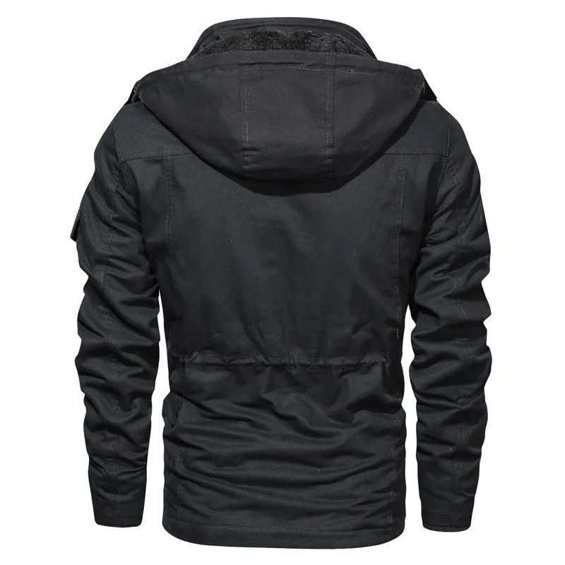 Men Winter Warm Thick Fleece Bomber Jacket Military Cotton Cargo Hooded Windbreaker Coat