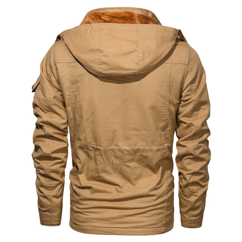 Men Winter Warm Thick Fleece Bomber Jacket Military Cotton Cargo Hooded Windbreaker Coat