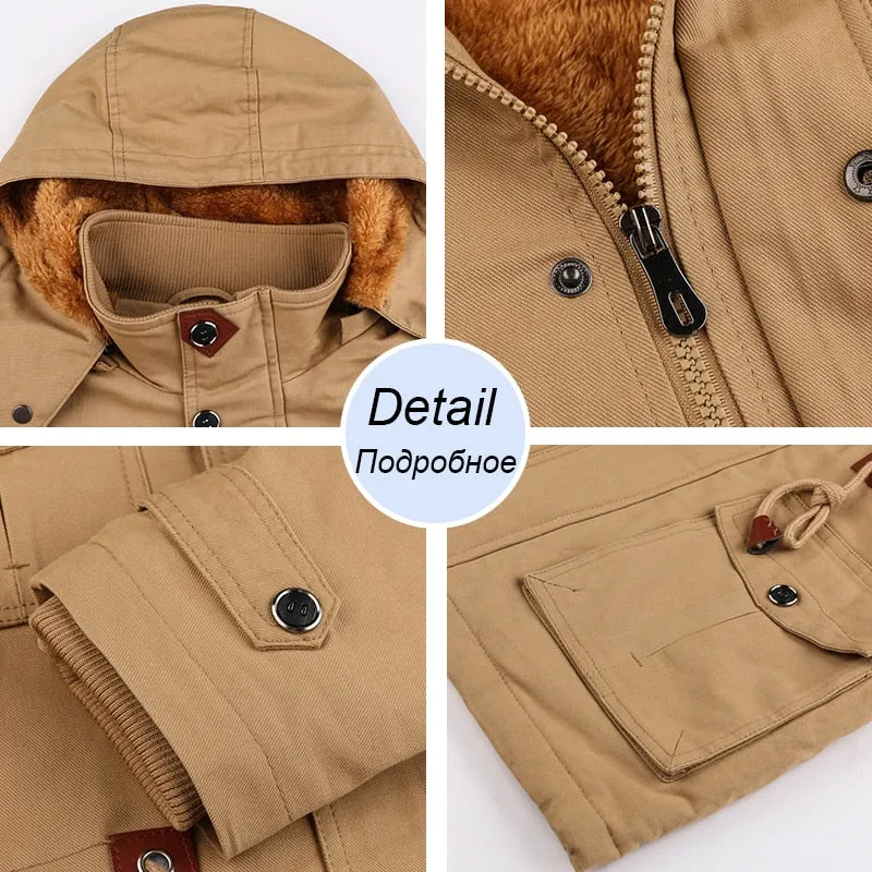 Men Winter Warm Thick Fleece Bomber Jacket Military Cotton Cargo Hooded Windbreaker Coat