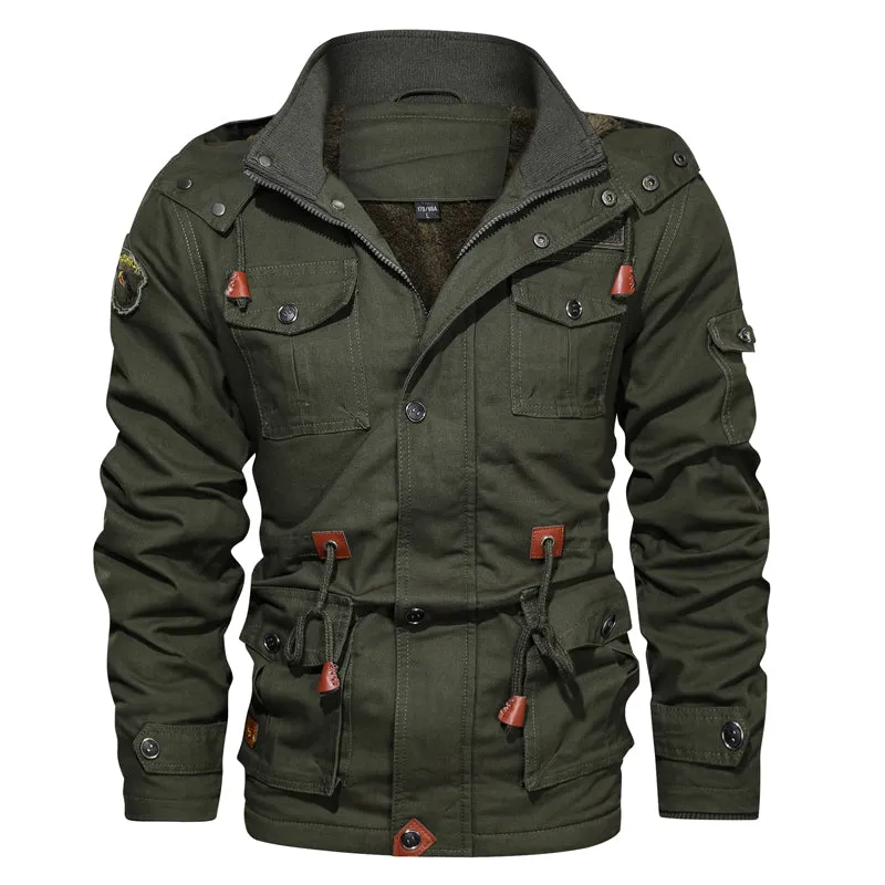 Men Winter Warm Thick Fleece Bomber Jacket Military Cotton Cargo Hooded Windbreaker Coat