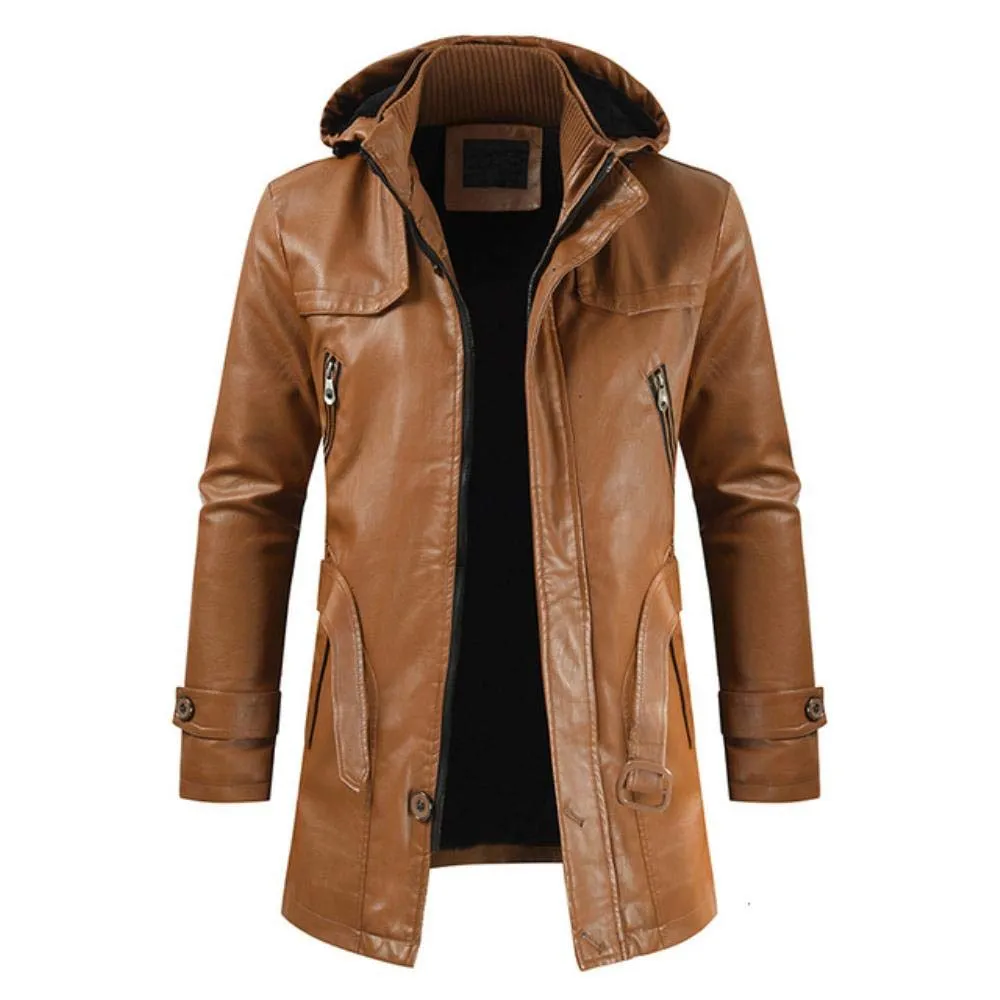 Mens Brown Ankle Length Slim Fit Hooded Leather Coat