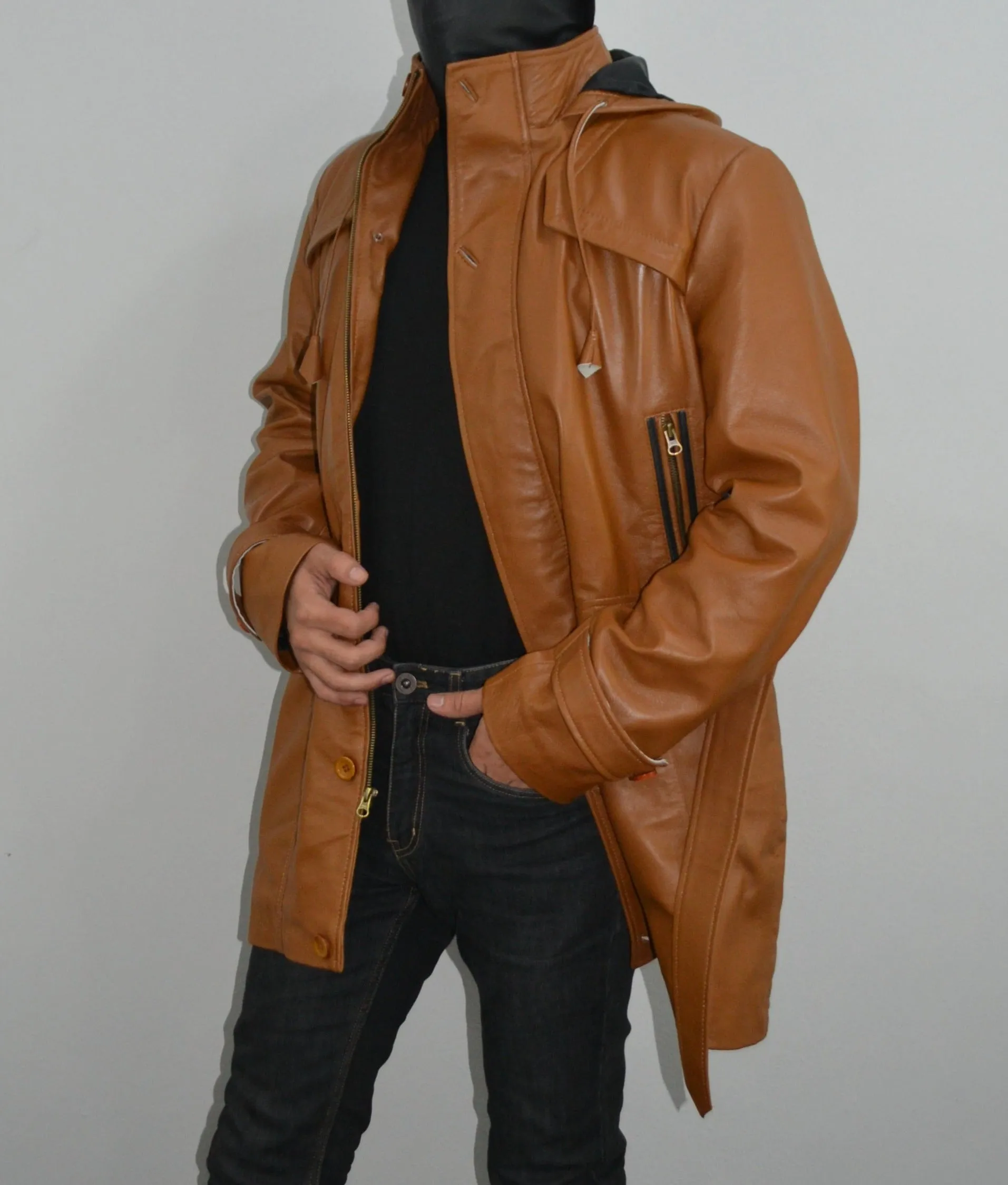 Mens Brown Ankle Length Slim Fit Hooded Leather Coat