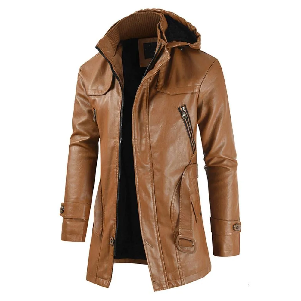 Mens Brown Ankle Length Slim Fit Hooded Leather Coat