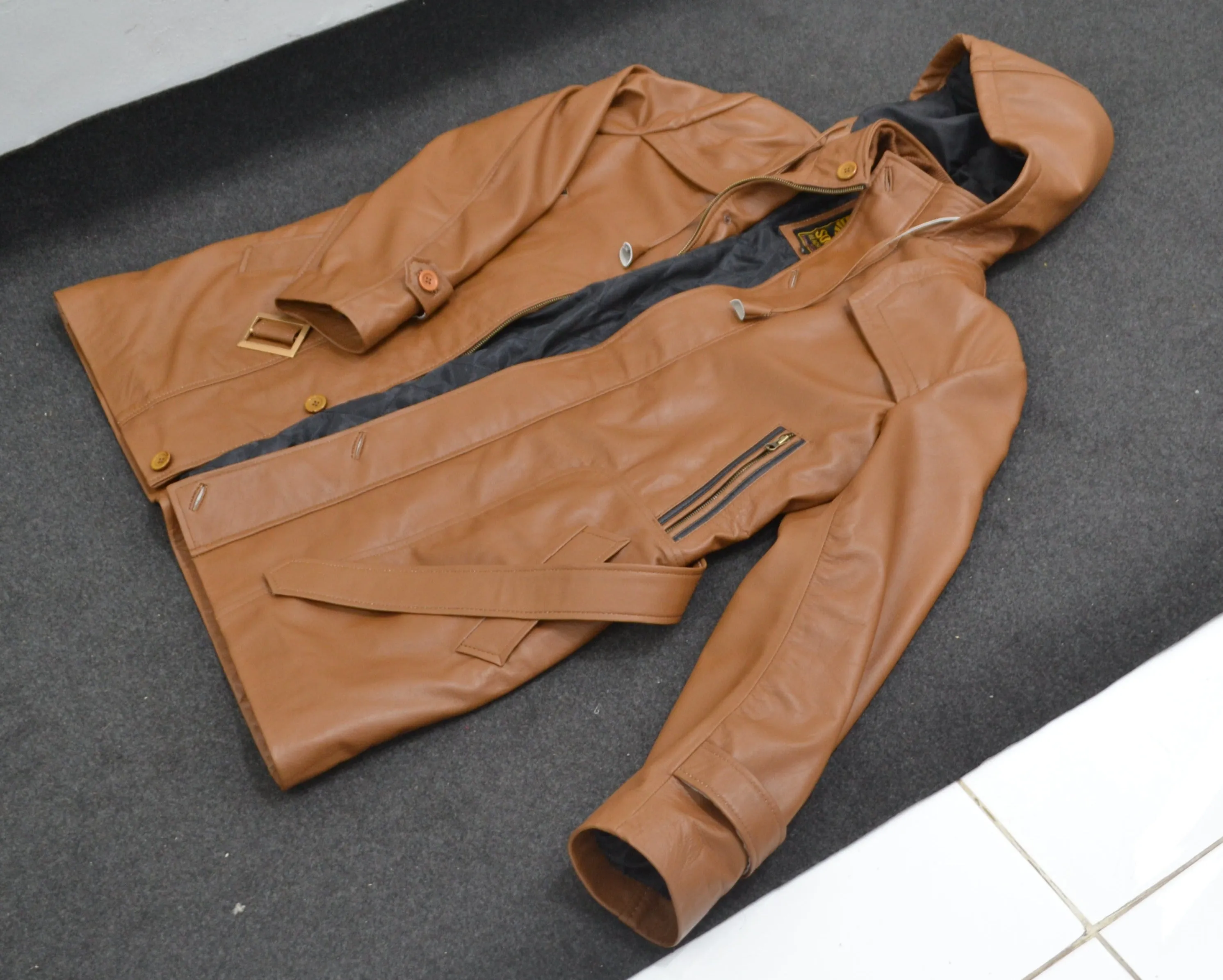 Mens Brown Ankle Length Slim Fit Hooded Leather Coat