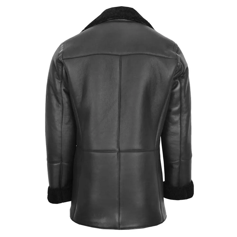 Mens Double Breasted Shearling Sheepskin Coat in Black