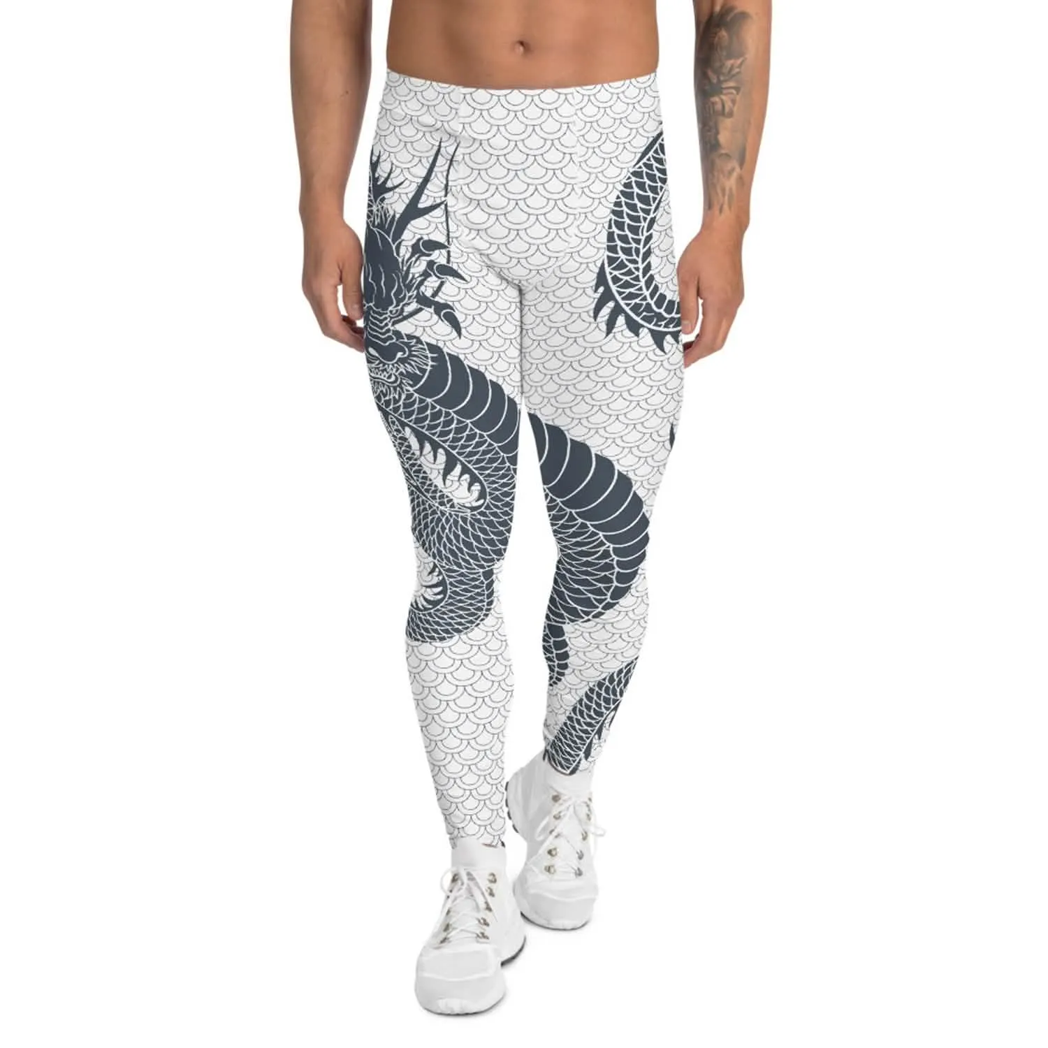 Men's Dragon Emblem Performance Leggings in White and Gray