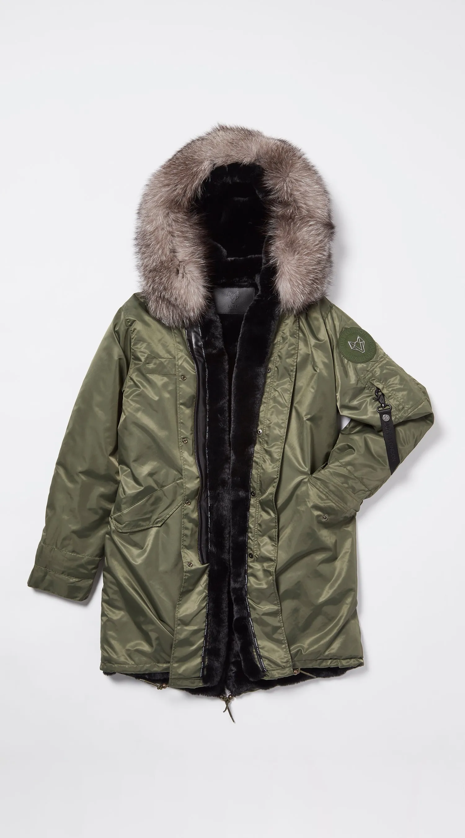 Mens Khaki Water-Repellent Luxy Fur Parka - 3/4 Silver Frost Fox