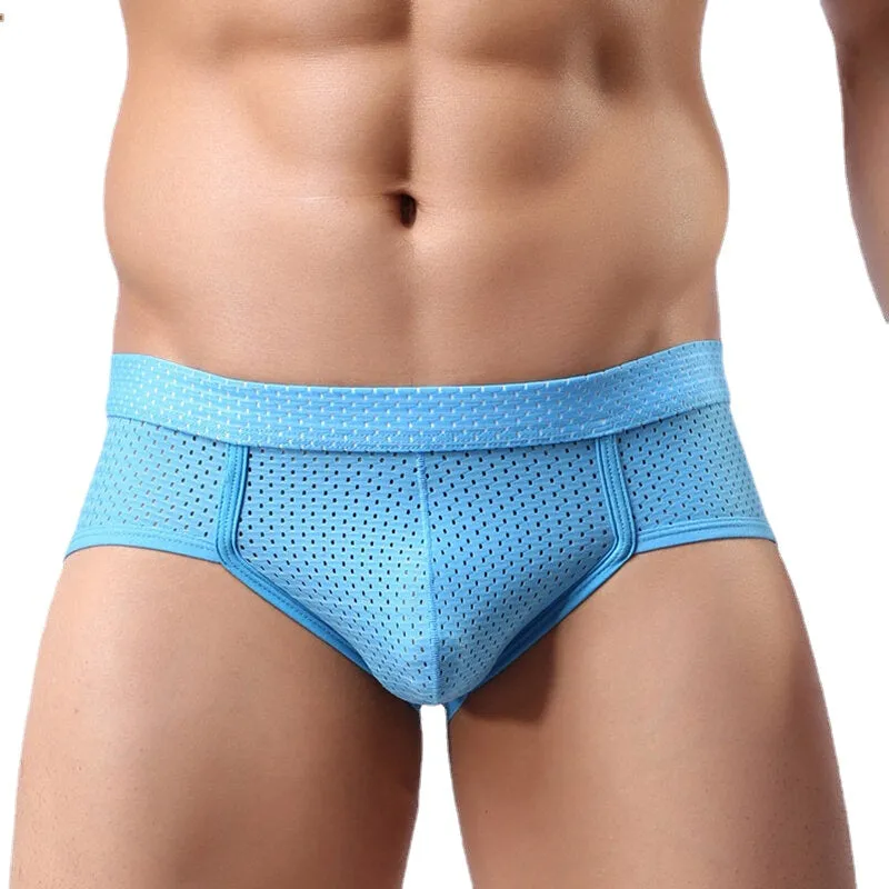 Mens Nylon Mesh Breathable Solid Color Sexy Low Rise Underwear Briefs