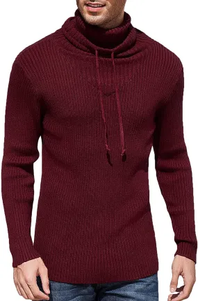 Men's Wine Red Slim Fit Knitted Turtleneck Sweater with Drawstrings