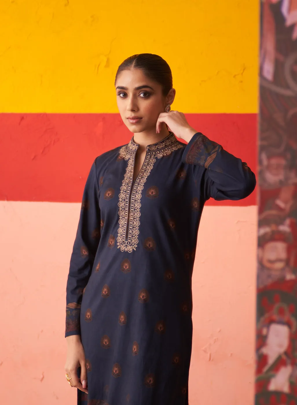 Midnight Blue Printed Woollen Kurta Set with Zari Work and Stone Work