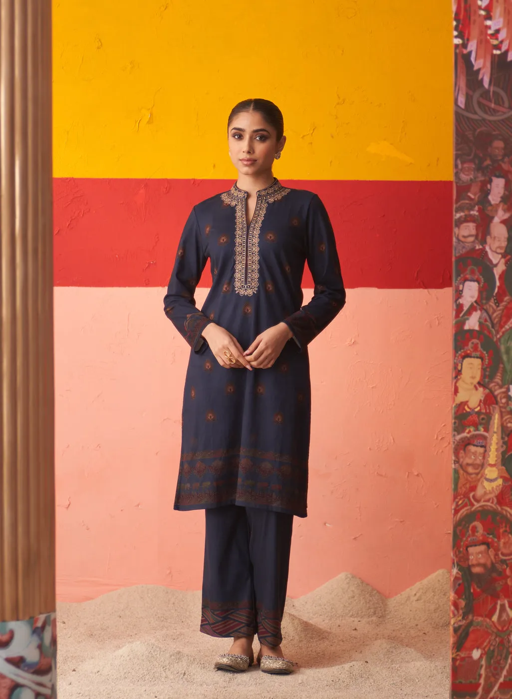 Midnight Blue Printed Woollen Kurta Set with Zari Work and Stone Work