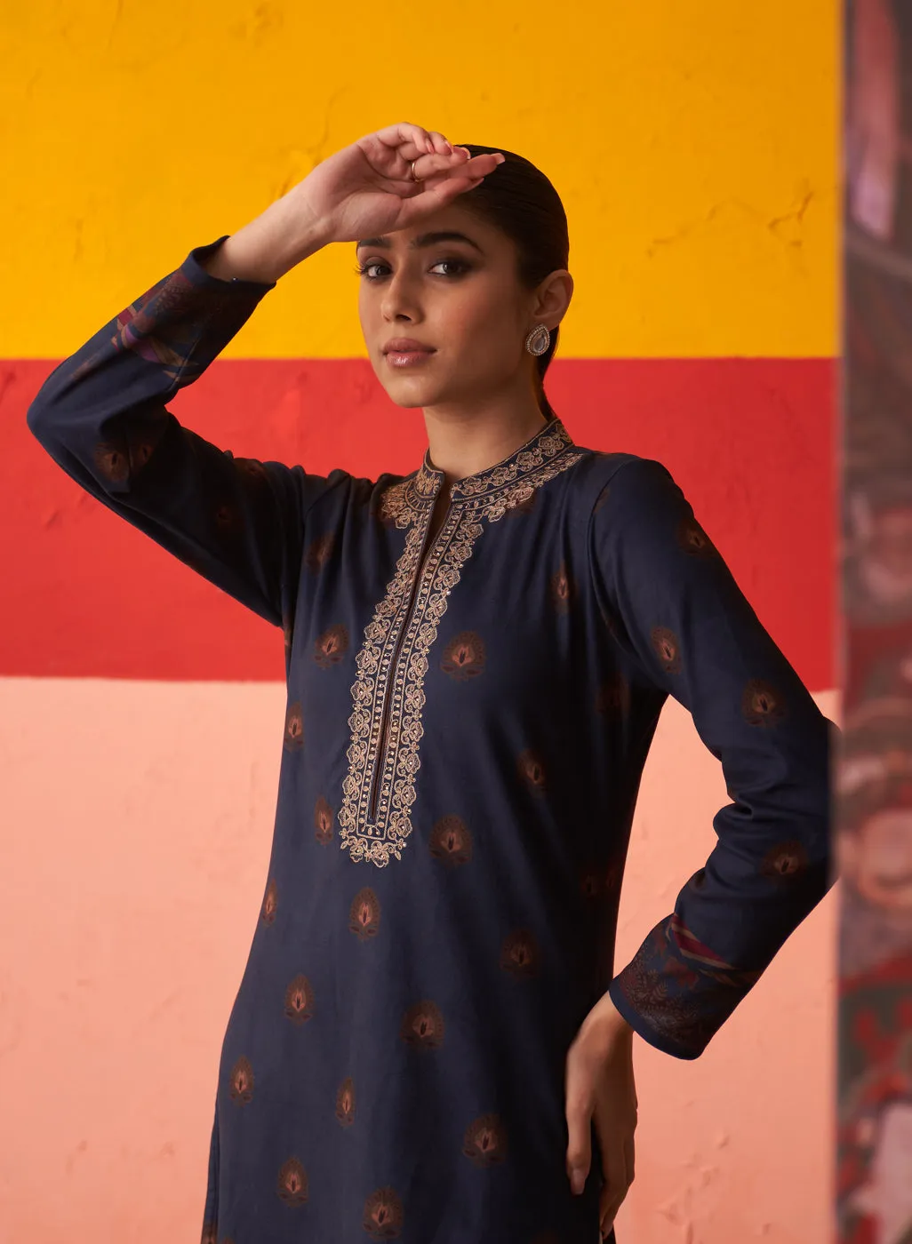 Midnight Blue Printed Woollen Kurta Set with Zari Work and Stone Work