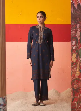 Midnight Blue Printed Woollen Kurta Set with Zari Work and Stone Work