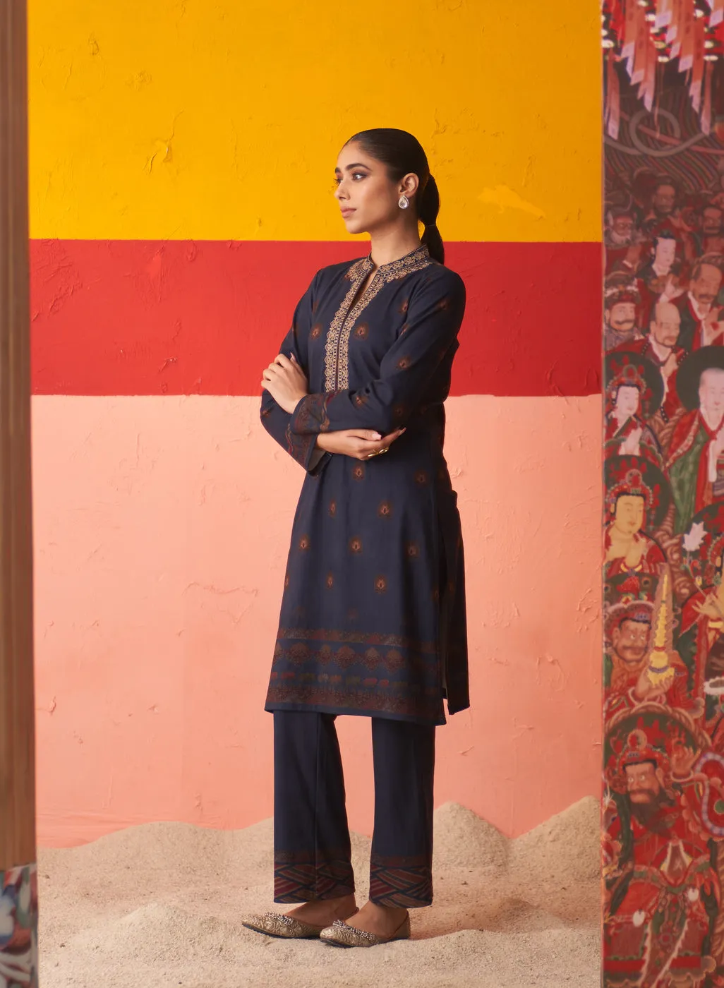 Midnight Blue Printed Woollen Kurta Set with Zari Work and Stone Work