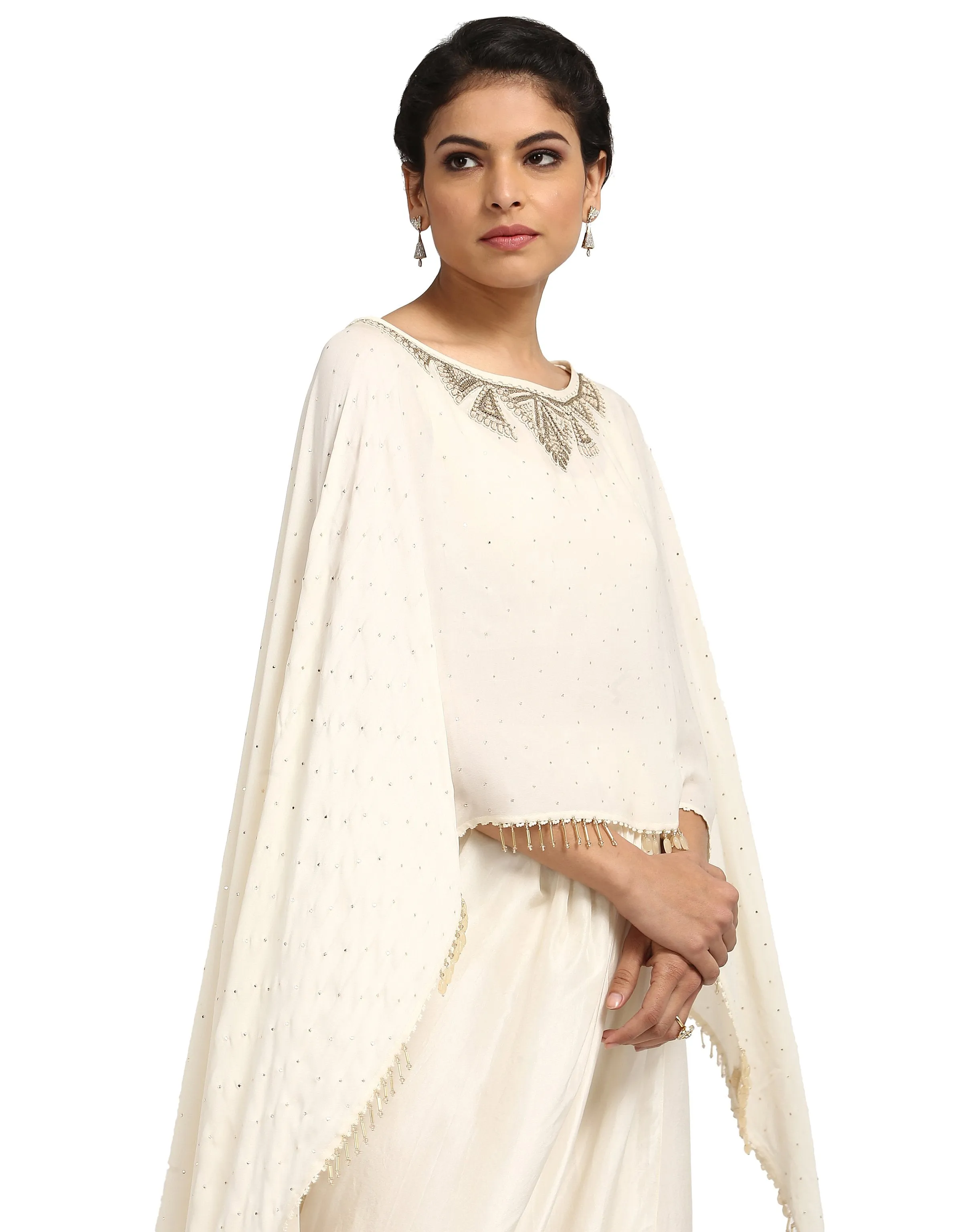 Mukaish Embroidered Cape- Ivory