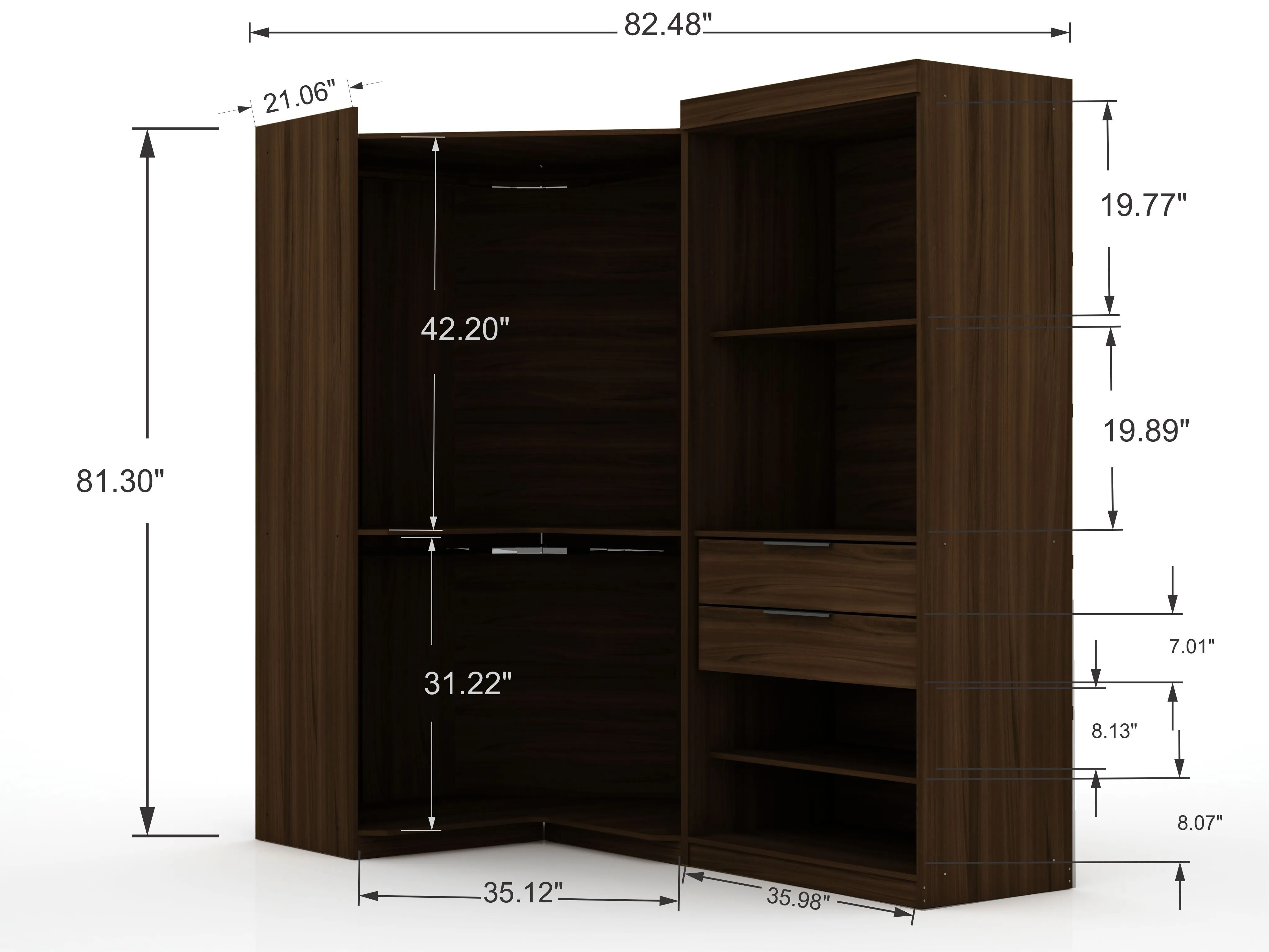 Mulberry 2.0 Semi Open 2 Sectional Modern Wardrobe Corner Closet with 2 Drawers - Set of 2 in Brown