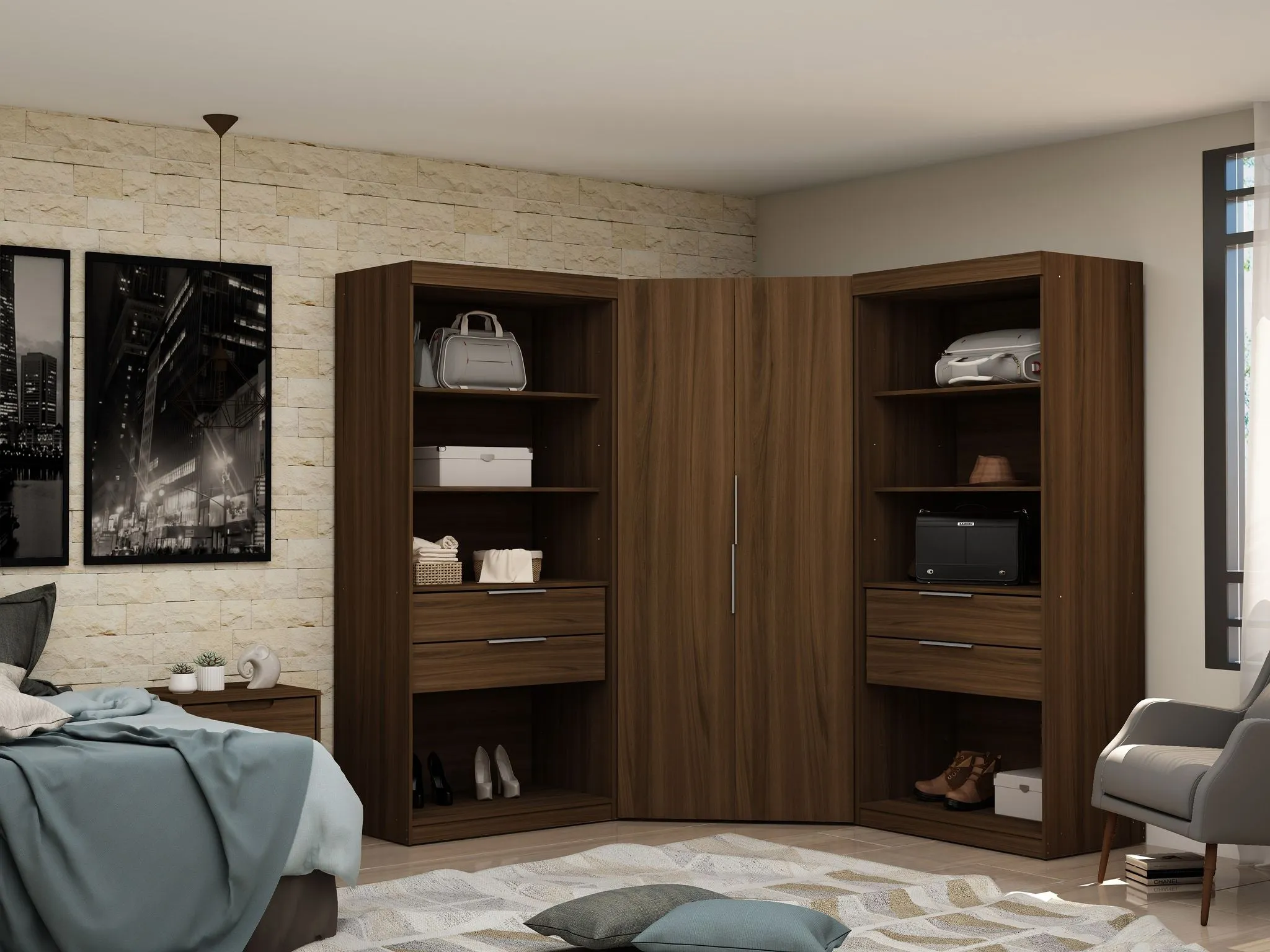 Mulberry 2.0 Semi Open 3 Sectional Modern Wardrobe Corner Closet with 4 Drawers - Set of 3 in Brown