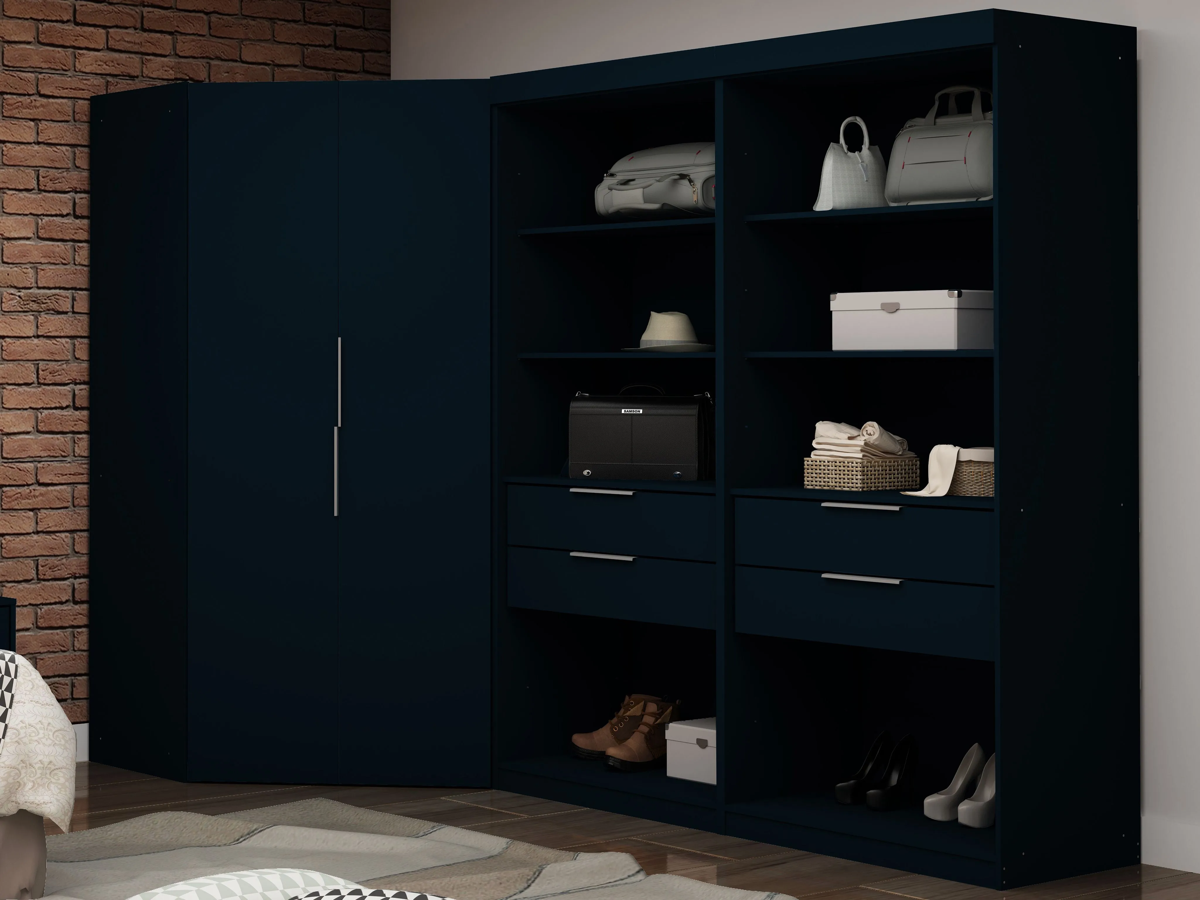 Mulberry Open 1 Sectional Modern Armoire Wardrobe Closet with 2 Drawers in Tatiana Midnight Blue