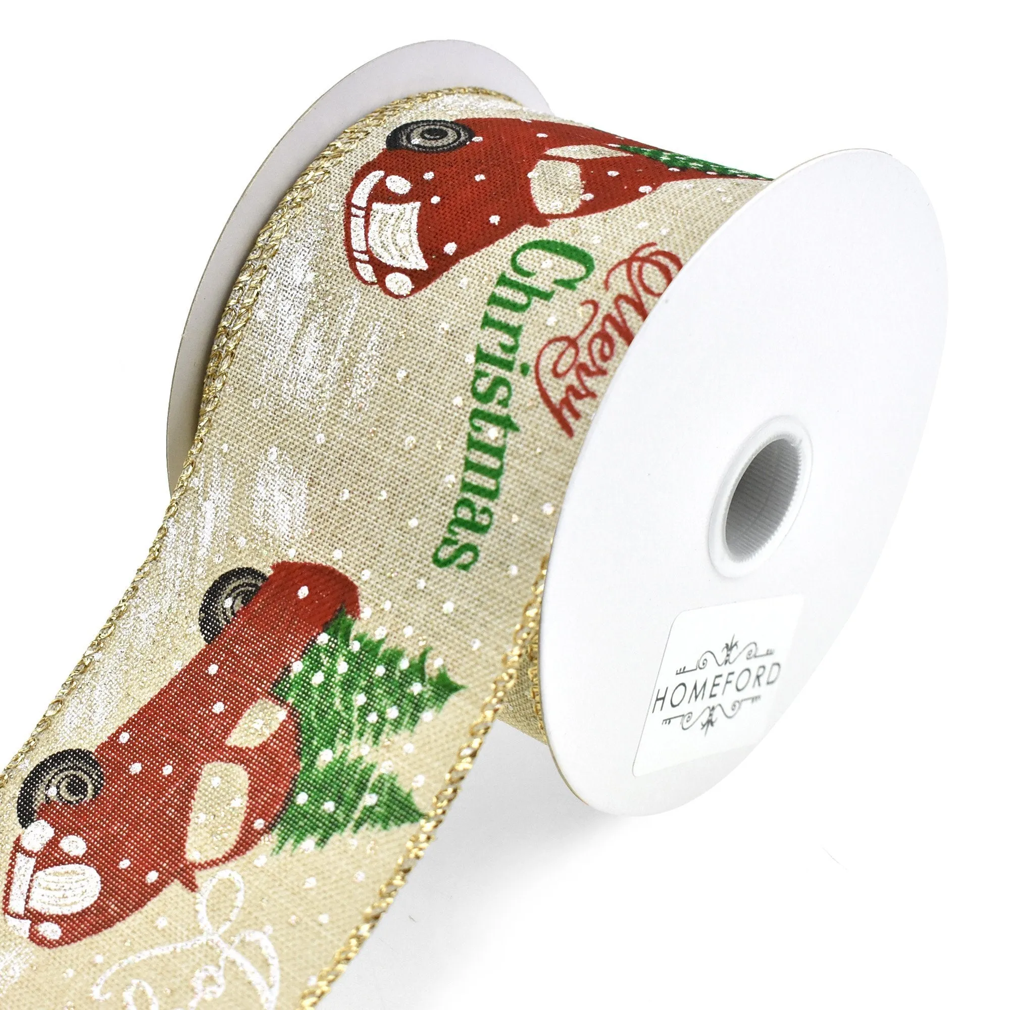 Natural Linen Christmas Truck Wired Ribbon, 2-1/2-Inch, 10-Yard