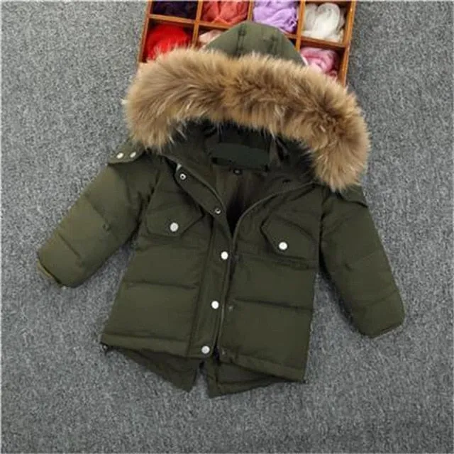 New Parker Boys Hodded Solid Faux Fur Collar Baby Winter Jacket