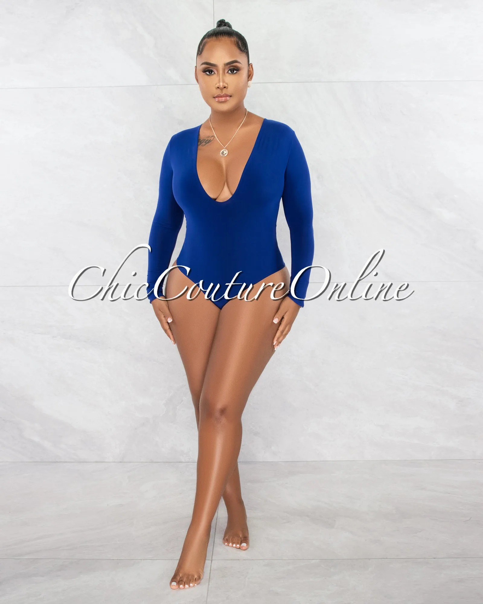 Nilam Royal Blue Depp V Neck Long Sleeves Bodysuit