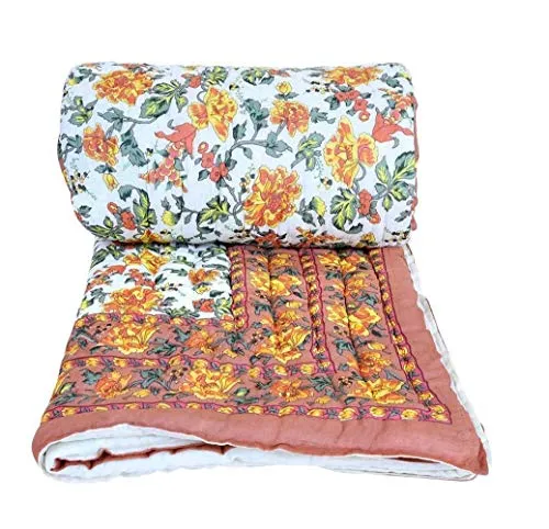 NINJAZY 240 TC Double Bed Organic Cotton Jaipuri Razai Bed Blanket Ac Quilt for Winter Soft Light Weight Rajasthani Traditional Rajai Cotton Comforter 85 x 100 inch