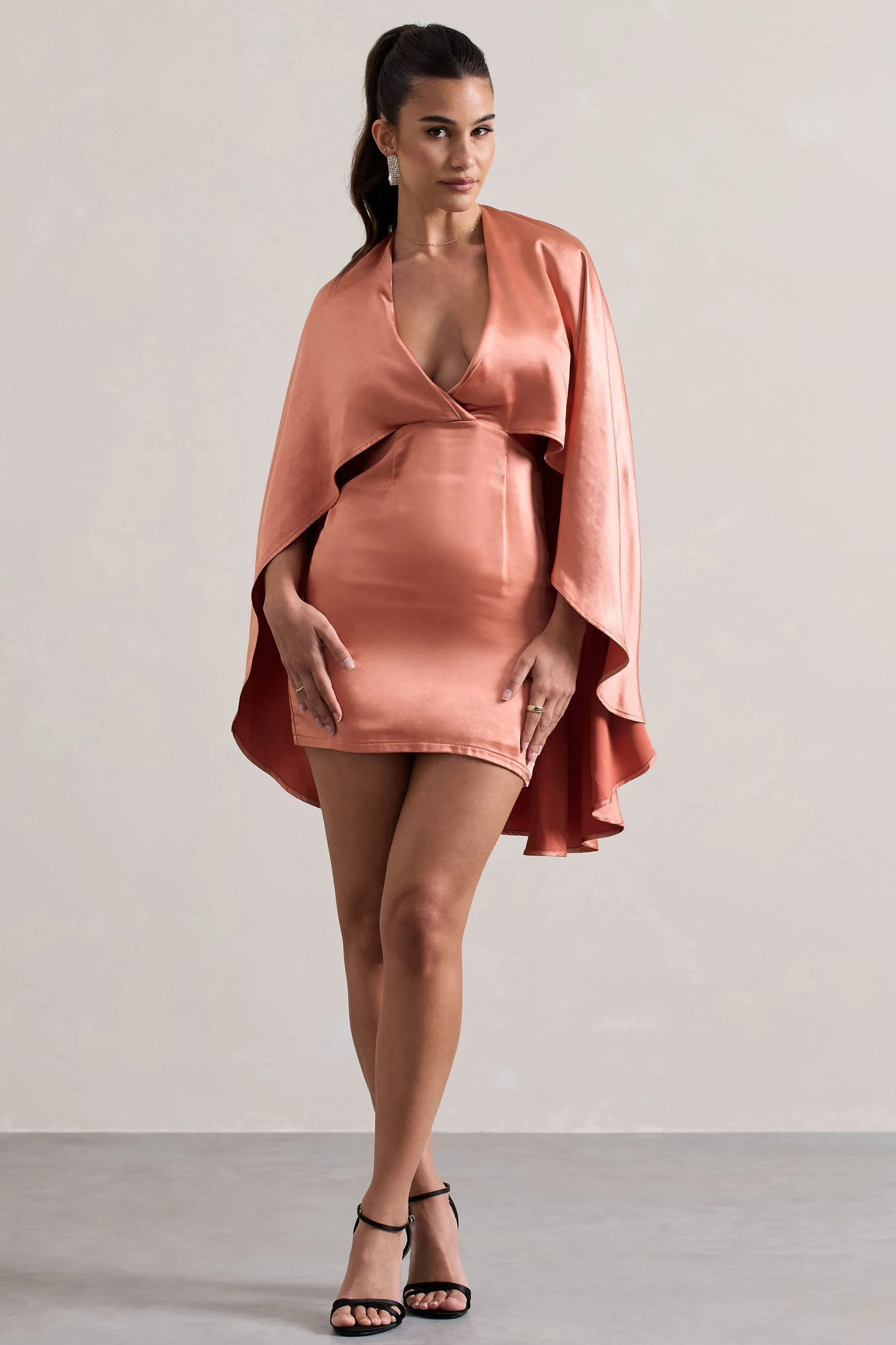 Olsen | Coral Satin Plunge-Neck Cape Mini Dress